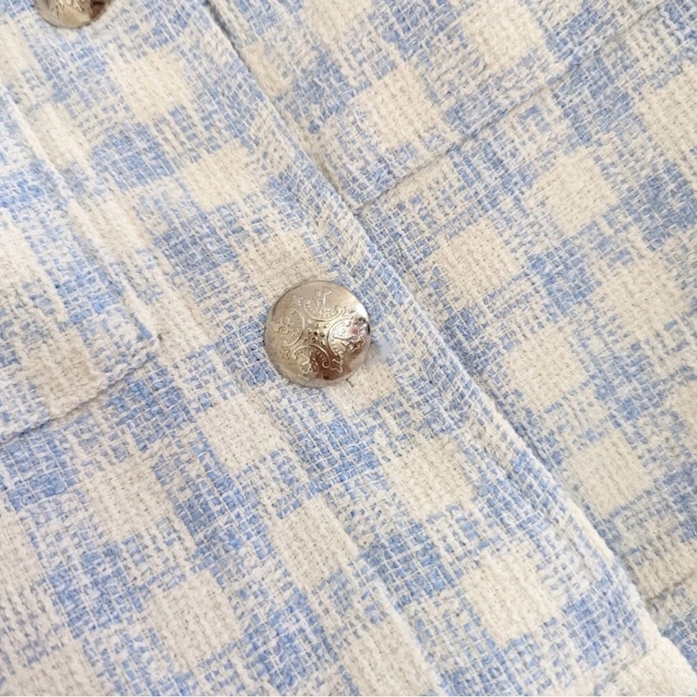 ZARA TWEED  PLAID GINGHAM CHECKERED JACKET BLUE WHITE S STRUCTURED - Picture 4 of 7
